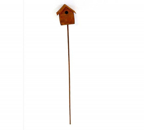 Mini Rusty Square Bird House On Pick, Fairy Garden Bird House