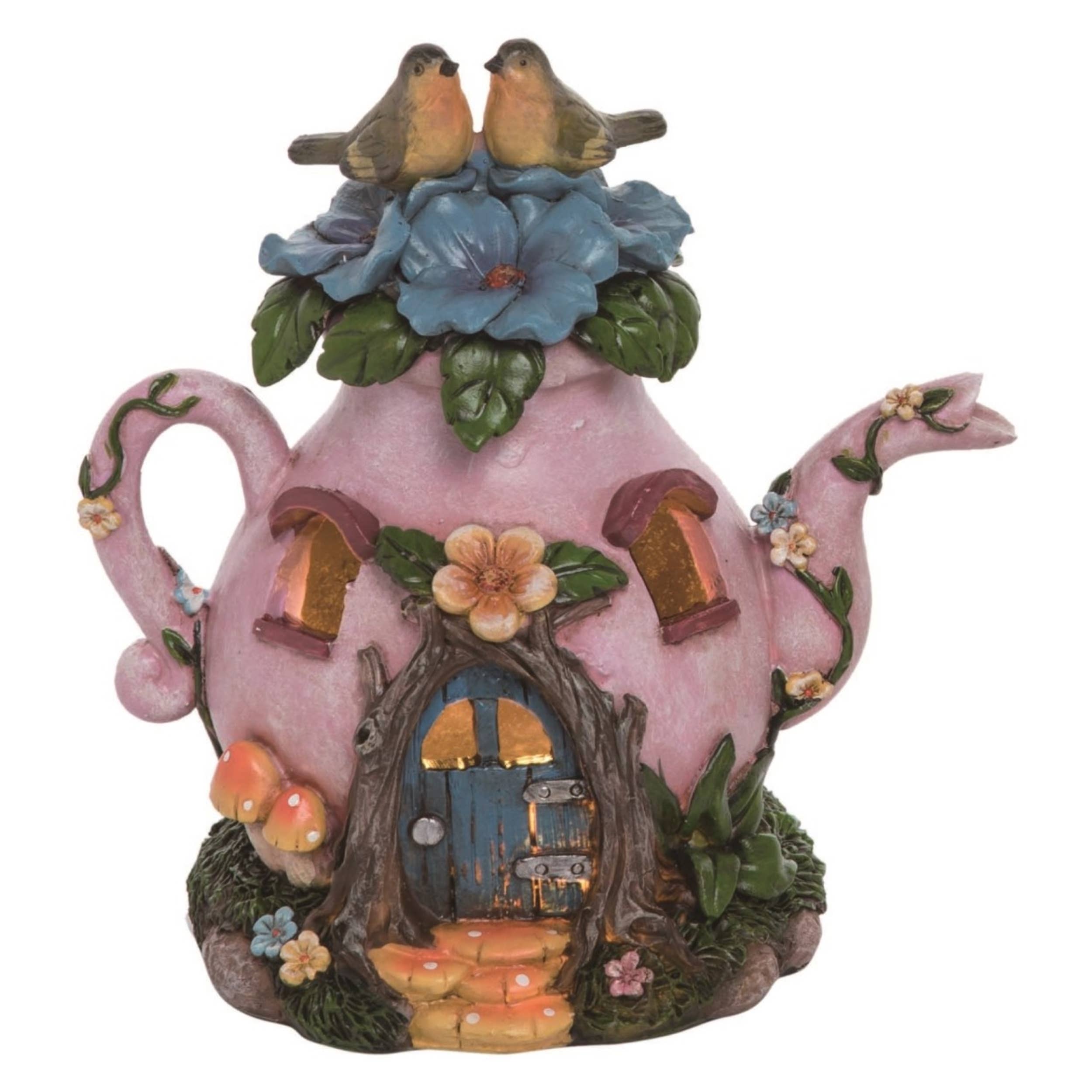 Spring Solar Light Up Teapot Fairy House Pink