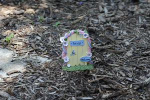 Mini Daisy & Dragonfly Fairy Door with Welcome Sign Yellow