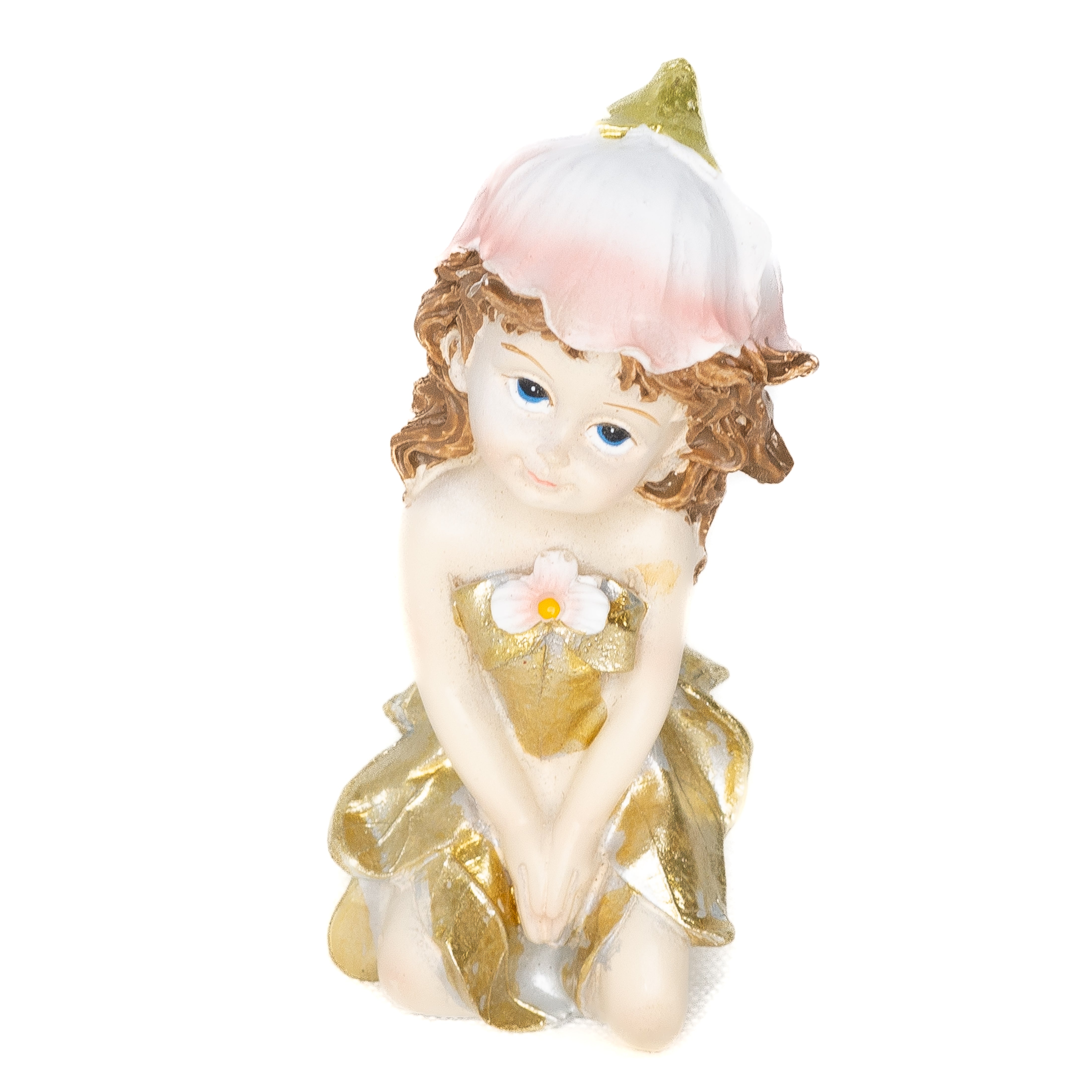 Golden Wing Fairy Kneeling with Hibiscus Hat