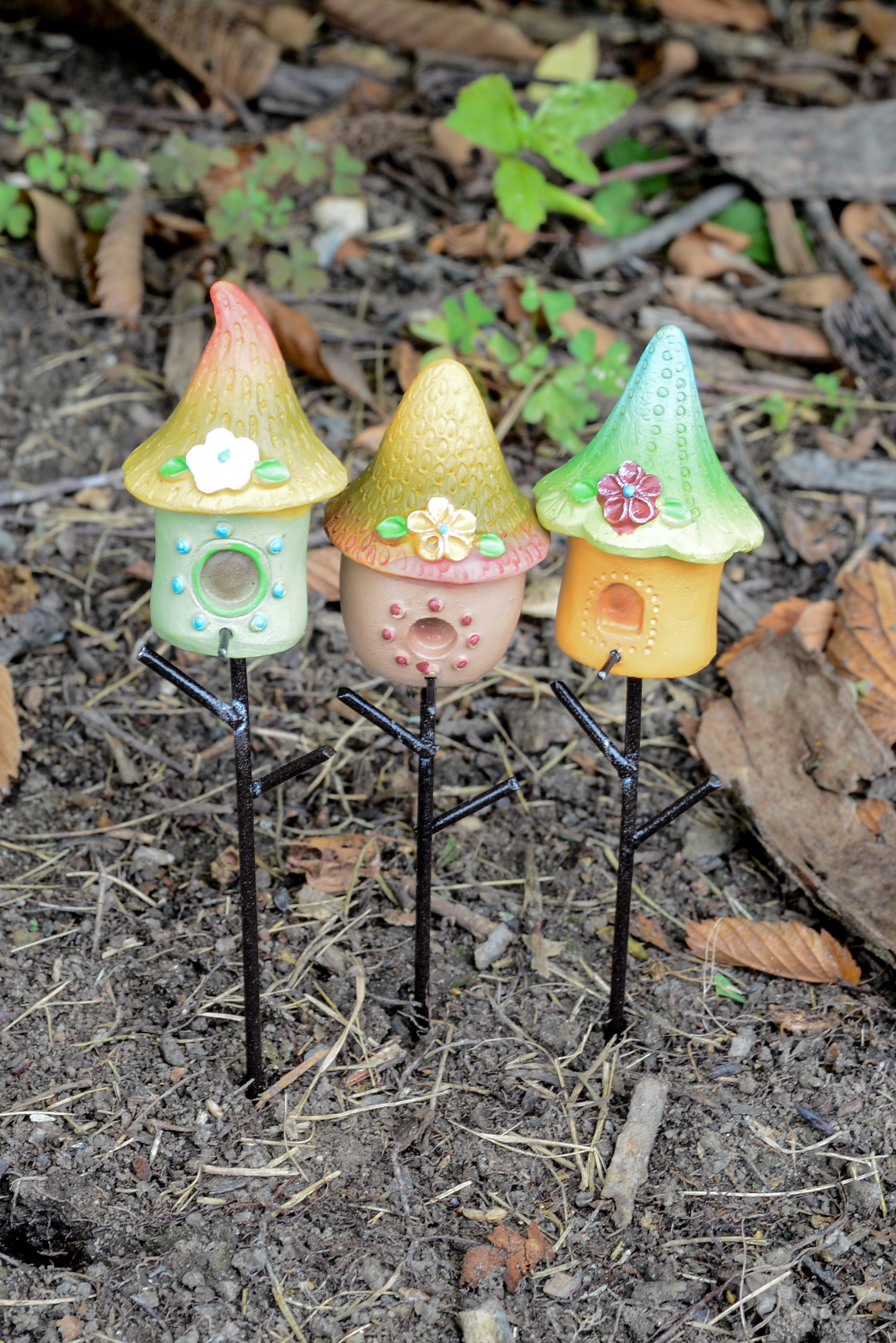 Colorful Fairy Garden Mushroom Birdhouse Set of 3