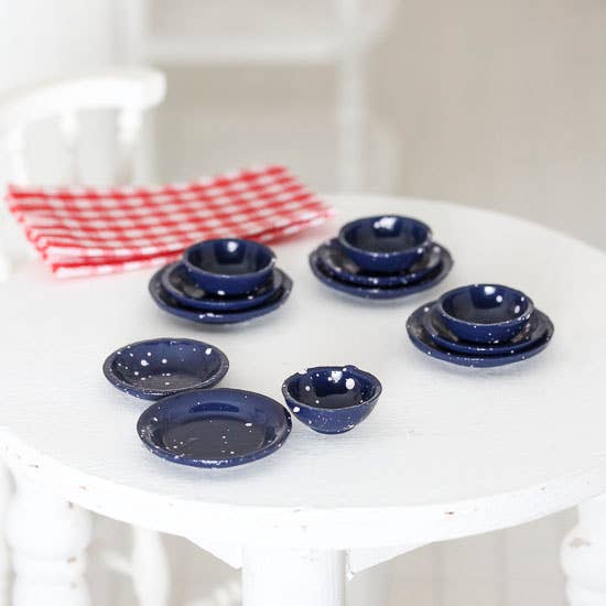 Miniature Blue Enamelware Plate Set