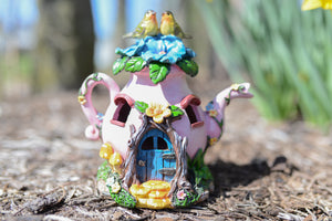 Spring Solar Light Up Teapot Fairy House Pink