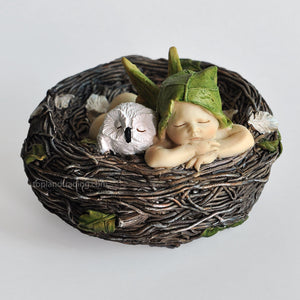 Sleeping Fairy Baby With Owl In Nest - Mini Fairy Garden World