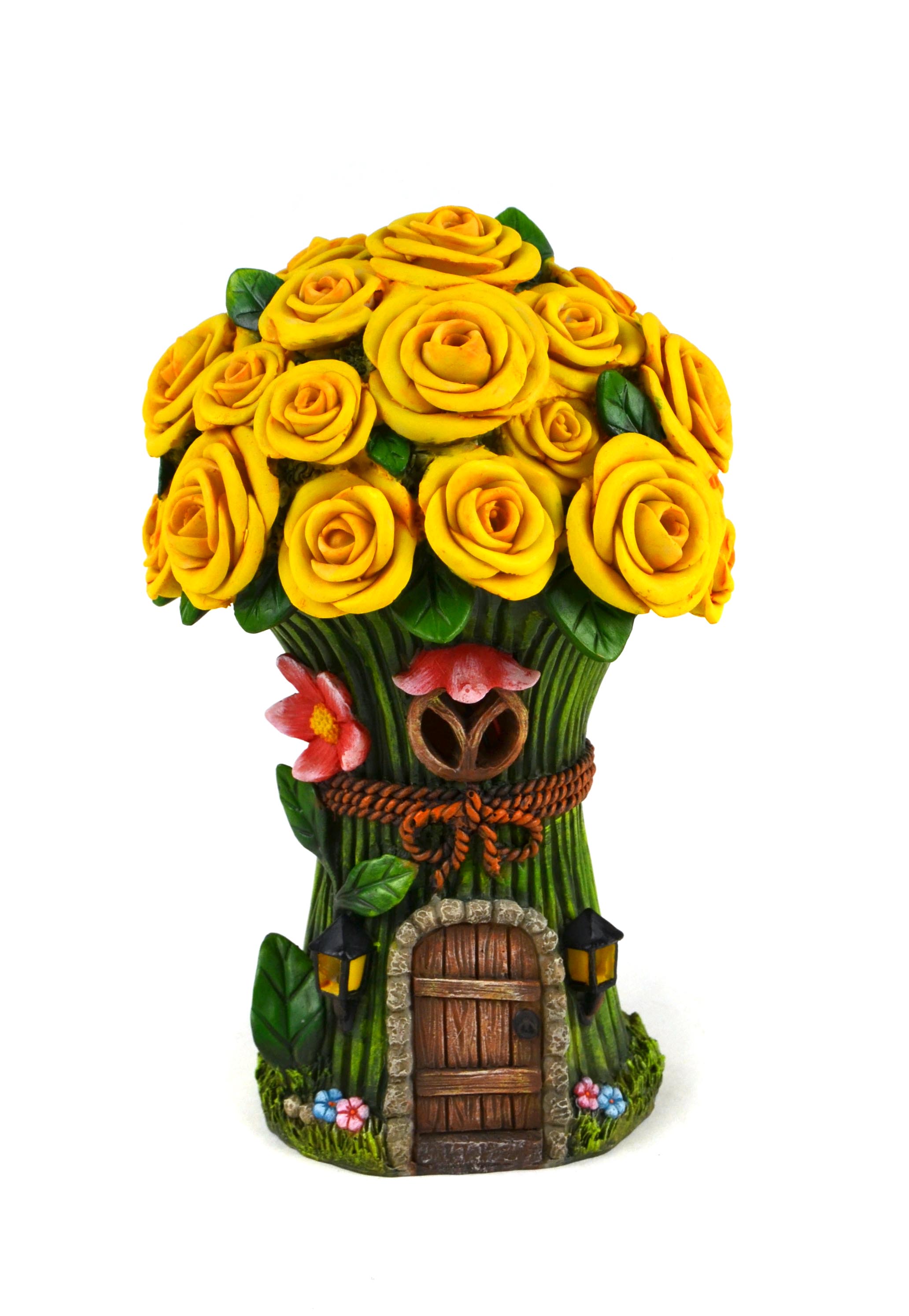 Solar Flower Bouquet Fairy House, Fairy Garden Yellow Rose Flower House - Mini Fairy Garden World