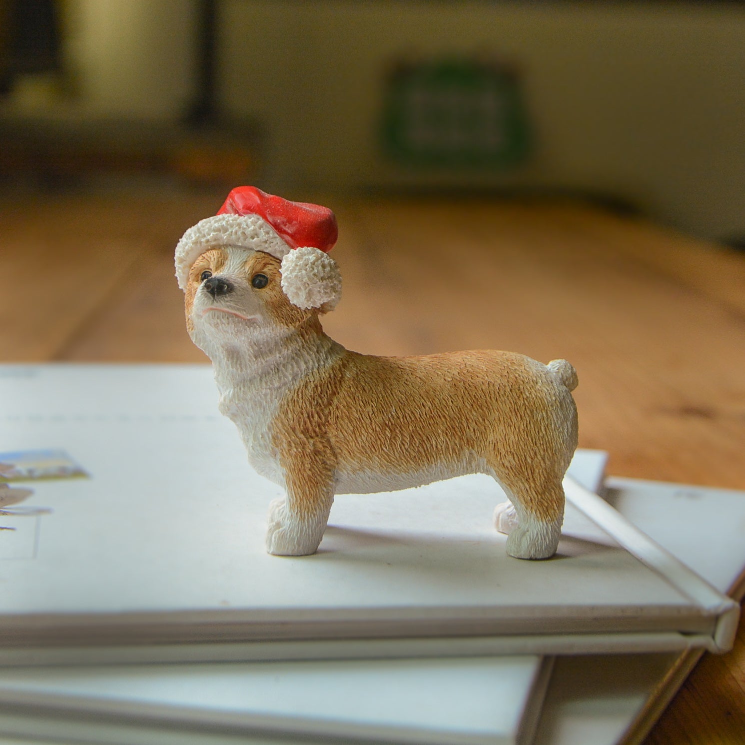 Mini Corgi Wearing Santa Hat, Fairy Garden Christmas Dog