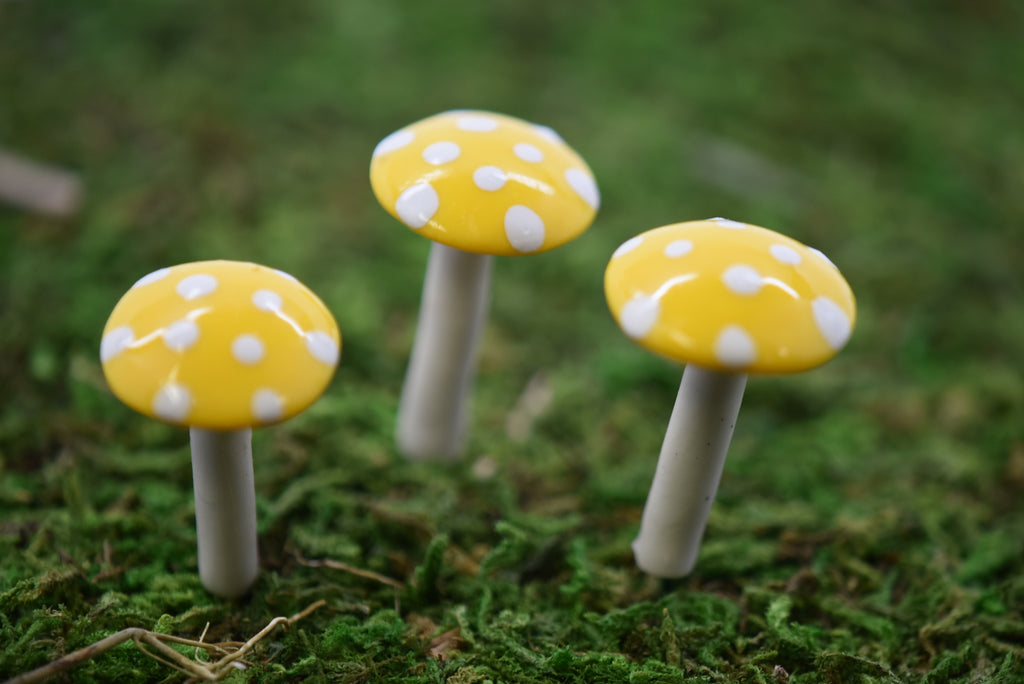 Mini Glossy Mushrooms - Set of 3 - Yellow - Mini Fairy Garden World