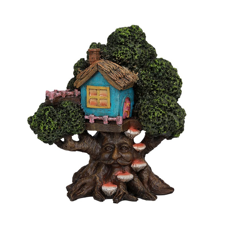 Greenman Treehouse - Blue House, Fairy House, Fairy Garden Tree - Mini Fairy Garden World