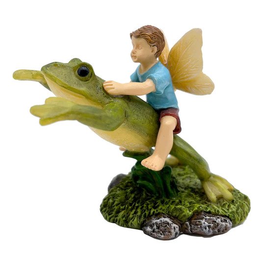 Boy Fairy Riding Leaping Frog, Fairy Garden Frog