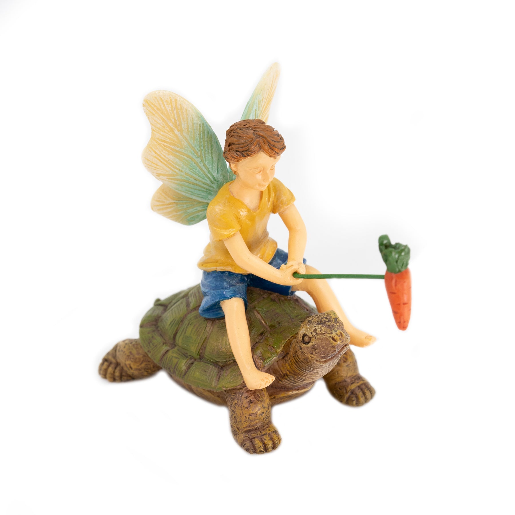 Fairy Boy Riding Speedy The Tortoise, Fairy Garden Turtle - Mini Fairy Garden World