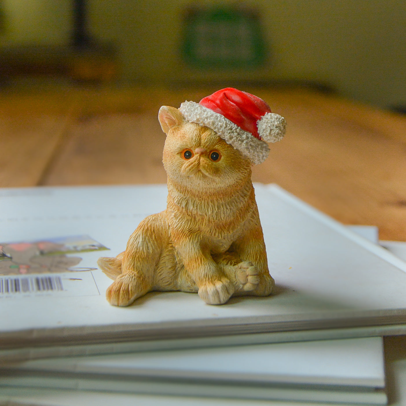 Mini Persian Kitten Wearing Santa Hat, Fairy Garden Christmas Cat