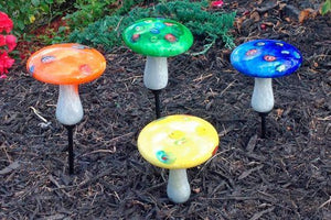 Mushroom Art Glass On Stake - Choose Green, Yellow, Blue Or Orange - Mini Fairy Garden World