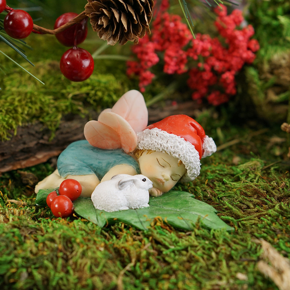 Christmas Fairy Baby Sleeping With Bunny - Mini Fairy Garden World