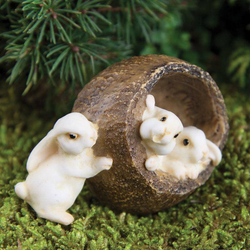 Bunnies In Walnut, Fairy Garden Bunnies, Mini Bunnies, Miniature Bunnies - Mini Fairy Garden World