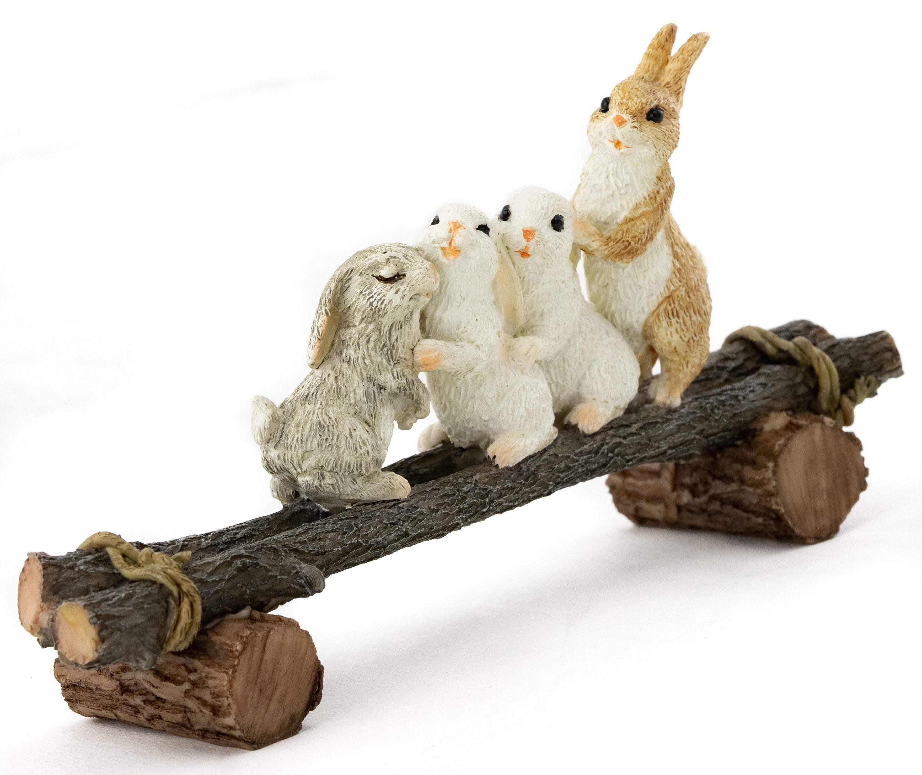 Bunny Friends Playing on Plank, Fairy Garden, Mini Bunny, Miniature Bunny, Bunnies Playing - Mini Fairy Garden World