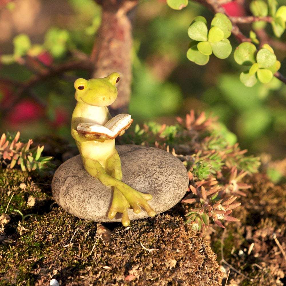 Frog Reading On A Stone, Fairy Garden, Fairy Garden Frog, Mini Frog, Sitting Frog - Mini Fairy Garden World