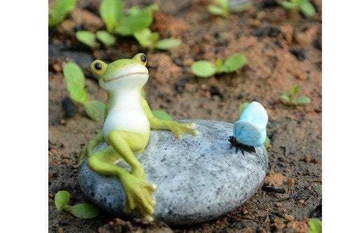Frog Resting On Stone With Butterfly, Frog And Butterfly, Mini Frog, Frog On Stone, Miniature Frog, Fairy Garden Frog, Fairy Garden - Mini Fairy Garden World