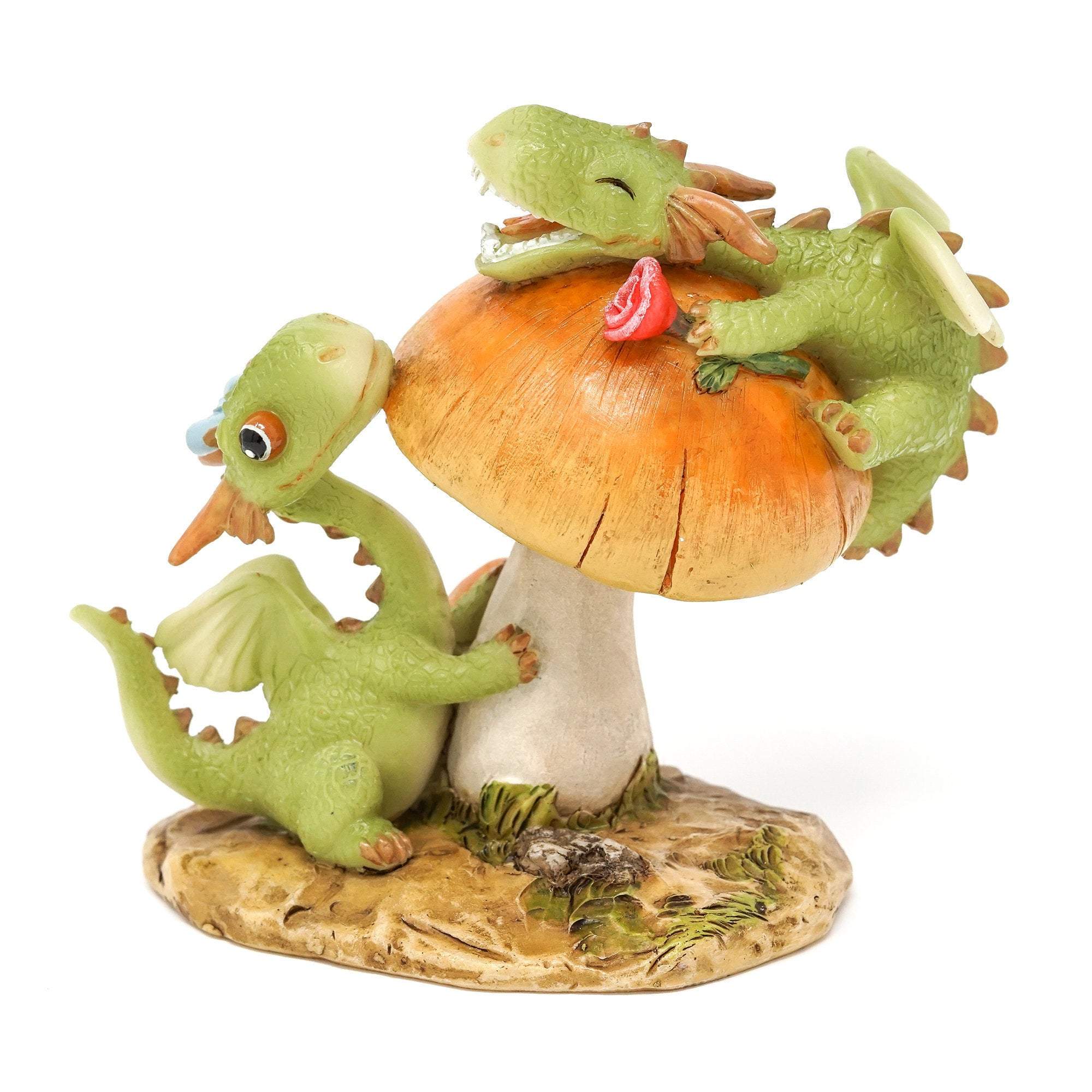 Mini Dragons, Scaley and Girl Dragon Emberz Frolicking on Mushroom, Mini Dragons On Mushroom, Dragons Playing, Fairy Dragons, Fairy Garden - Mini Fairy Garden World