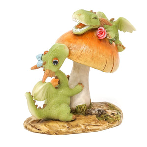 Mini Dragons, Scaley and Girl Dragon Emberz Frolicking on Mushroom, Mini Dragons On Mushroom, Dragons Playing, Fairy Dragons, Fairy Garden - Mini Fairy Garden World
