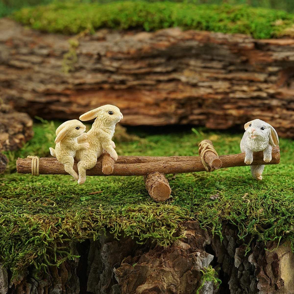 Rabbits Playing on Wooden Seesaw, Mini Rabbits, Mini Bunnies, Fairy Garden Seesaw, Fairy Garden - Mini Fairy Garden World