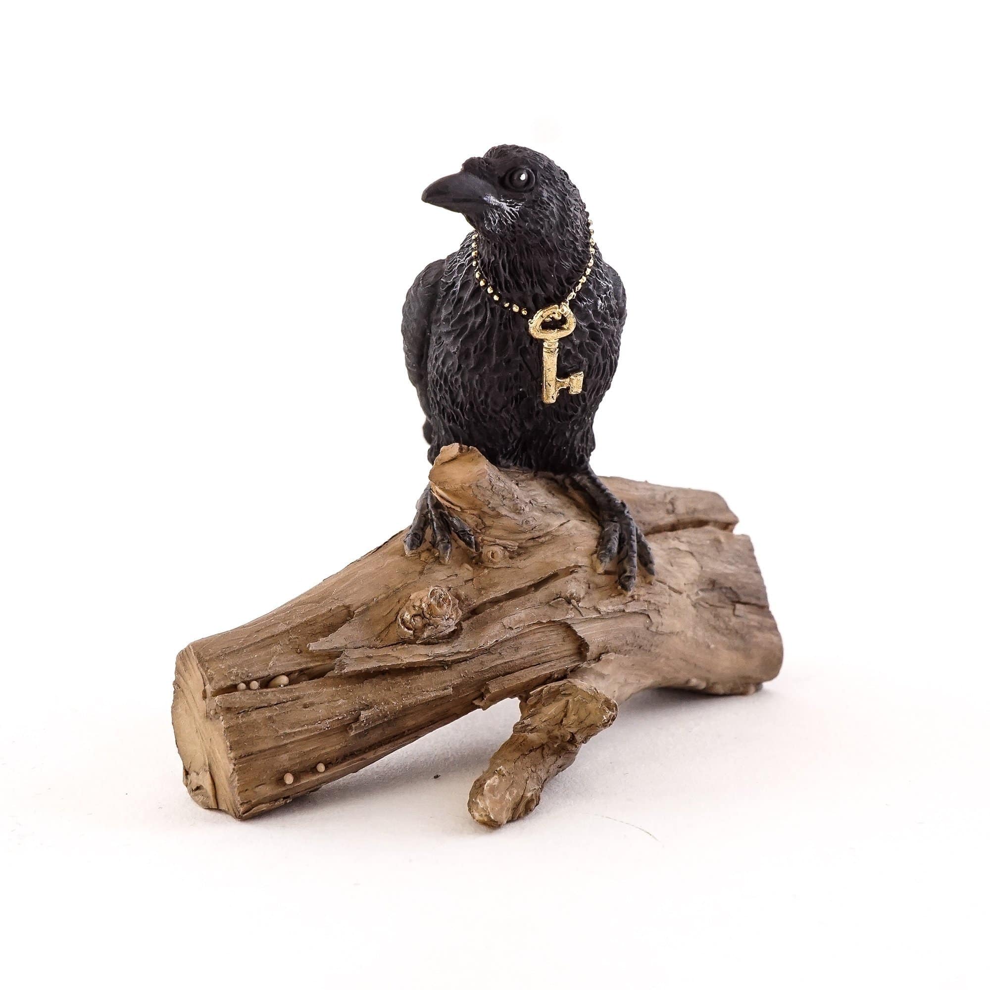Raven with Key on Tree Log - Mini Fairy Garden World