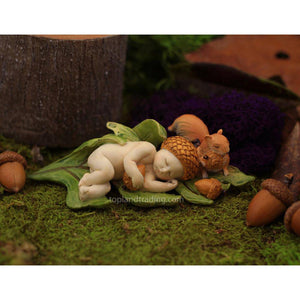 Sleeping Acorn Fairy Baby With Squirrel, Fairy Garden, Mini Squirrel, Sleeping Fairy - Mini Fairy Garden World