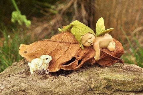 Sleeping Fairy Garden Baby with Baby Rabbit, Miniature Rabbit, Sleeping Fairy Baby, Fairy Baby On Leaf, Fairy Garden - Mini Fairy Garden World