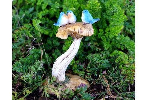 Three Bluebirds on Mushroom Bird Bath , Fairy Garden, Mini Birdbath, Mini Birds, Fairy Birdbath - Mini Fairy Garden World