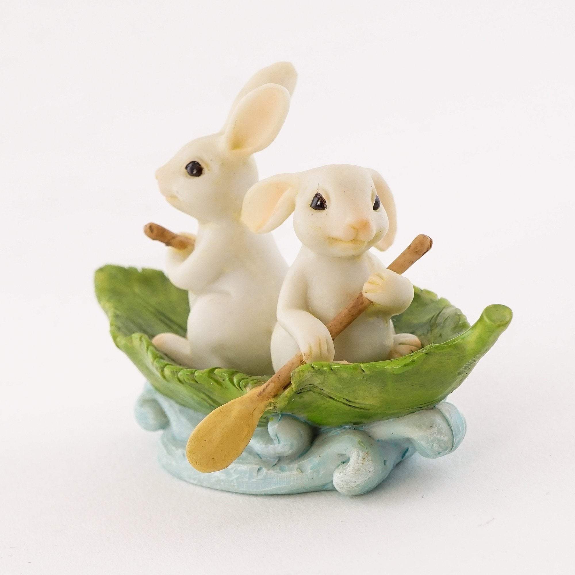 Two Bunnies Rowing Leaf Boat, Fairy Garden, Fairy Bunny, Mini Bunny, Mini Rabbit - Mini Fairy Garden World