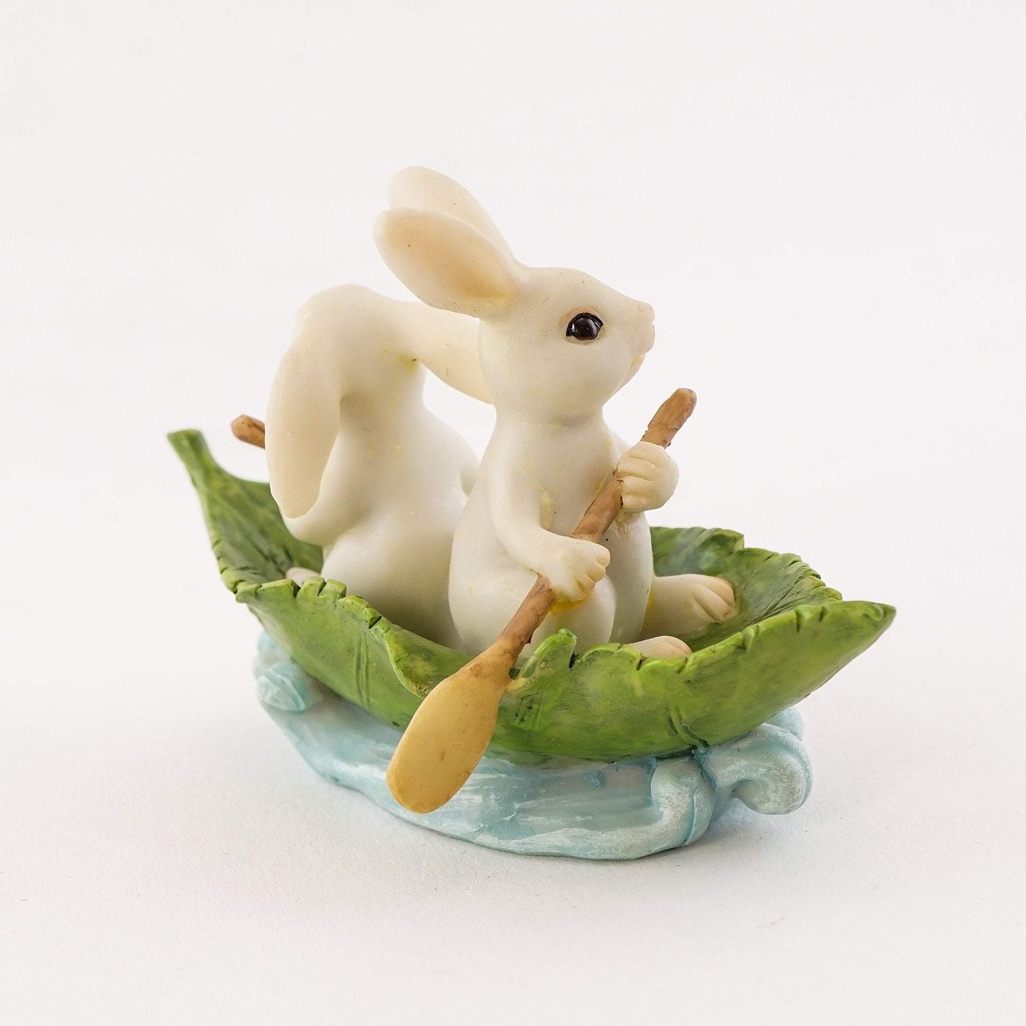 Two Bunnies Rowing Leaf Boat, Fairy Garden, Fairy Bunny, Mini Bunny, Mini Rabbit - Mini Fairy Garden World