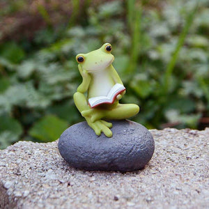 Cute Frog Reading On Stone, Miniature Reading Frog, Fairy Garden Frog With Book - Mini Fairy Garden World
