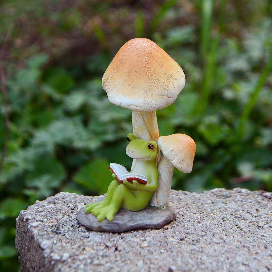 Cute Frog Reading Under Mushroom, Mini Frog, Fairy Garden Frog - Mini Fairy Garden World