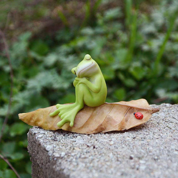 Frog Napping On Leaf With Ladybug, Mini Frog, Fairy Garden Frog