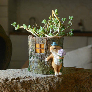 Rabbit Holding Bouquet Mini Planter - Mini Fairy Garden World